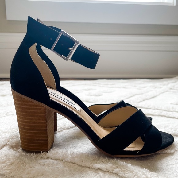 Steve Madden, chunky heel black sandals with cross toe, women’s size 7.5 - Picture 7 of 11